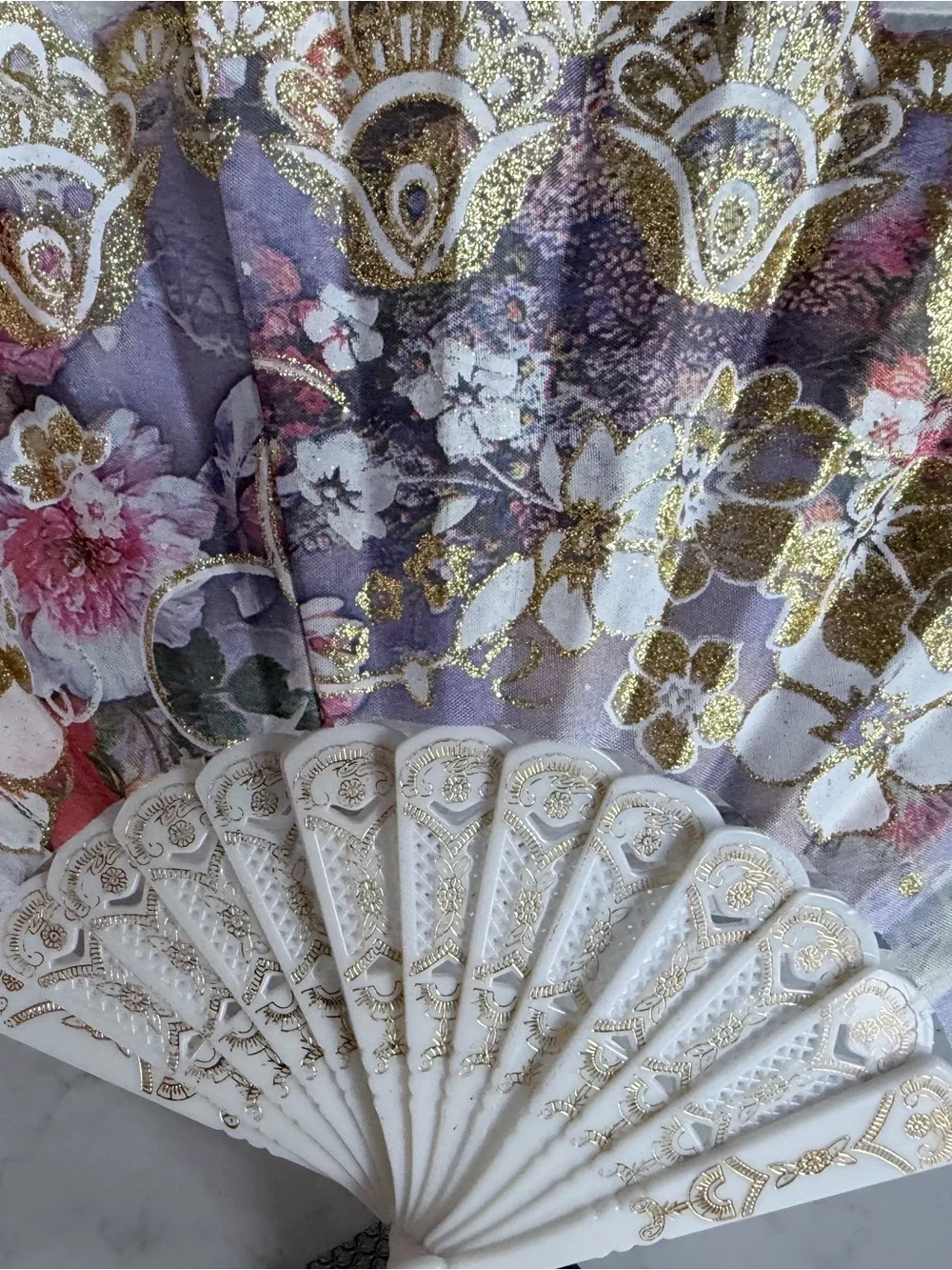 Vintage Decorative White and Purple Floral Hand Fan Wall Decor
